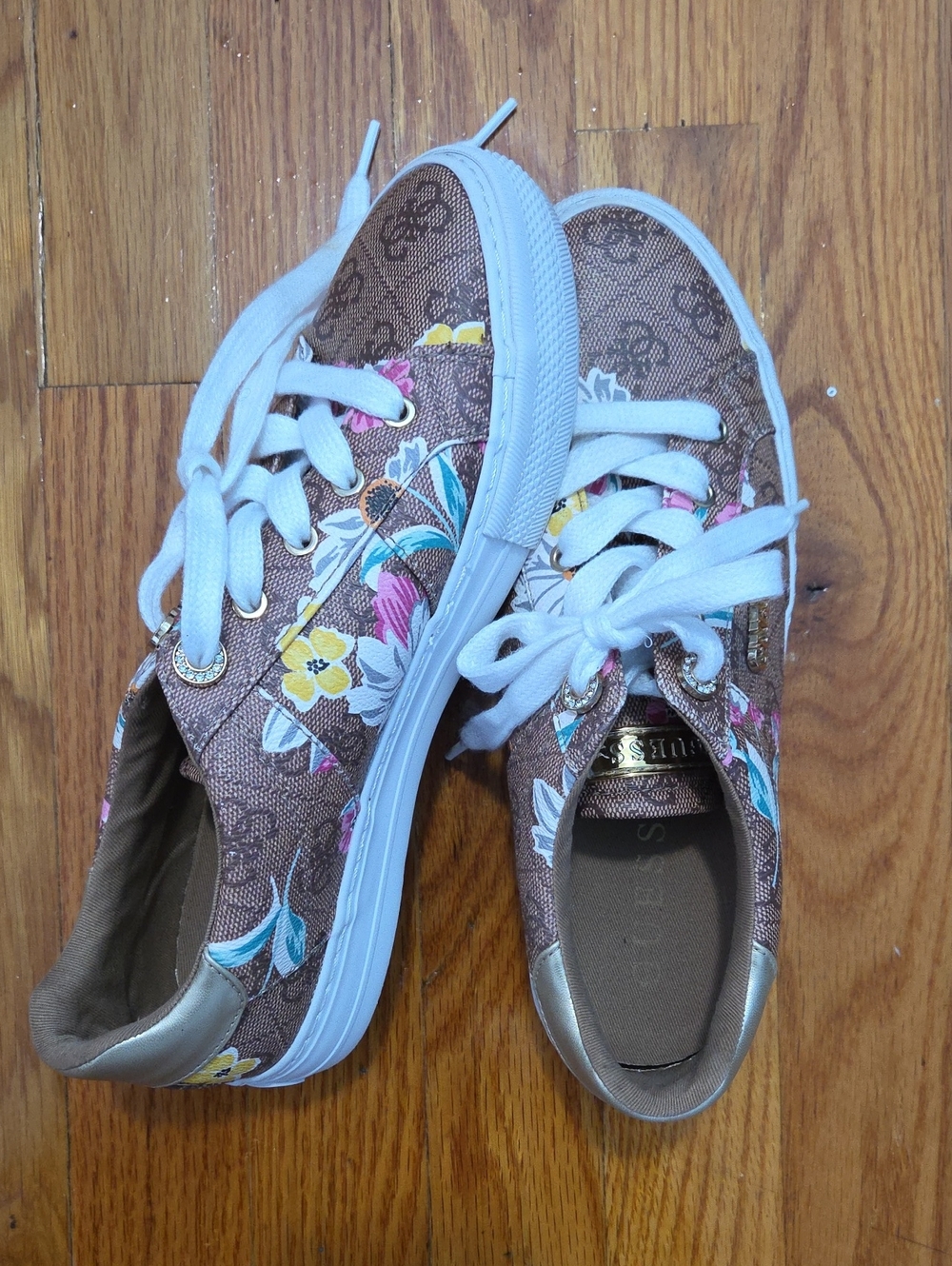 Guess Brown Floral Logo Sneakers with White Laces